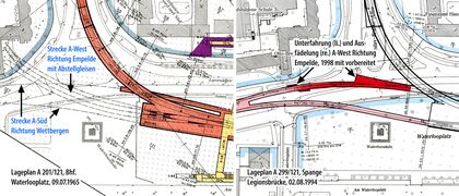 Lagepläne der A-West-Ausfädelung nahe Waterloo von 1965 (Plan A 201/121) und 1994 (Plan A 299/121)