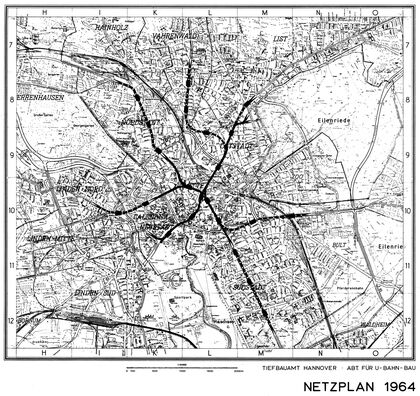Netzplan 1964 mit drei Tunnel­ästen im Stadtzentrum