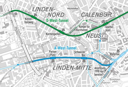 A-West- und D-West-Tunnel in Linden-Mitte und -Nord auf der Stadtkarte 1:20.000