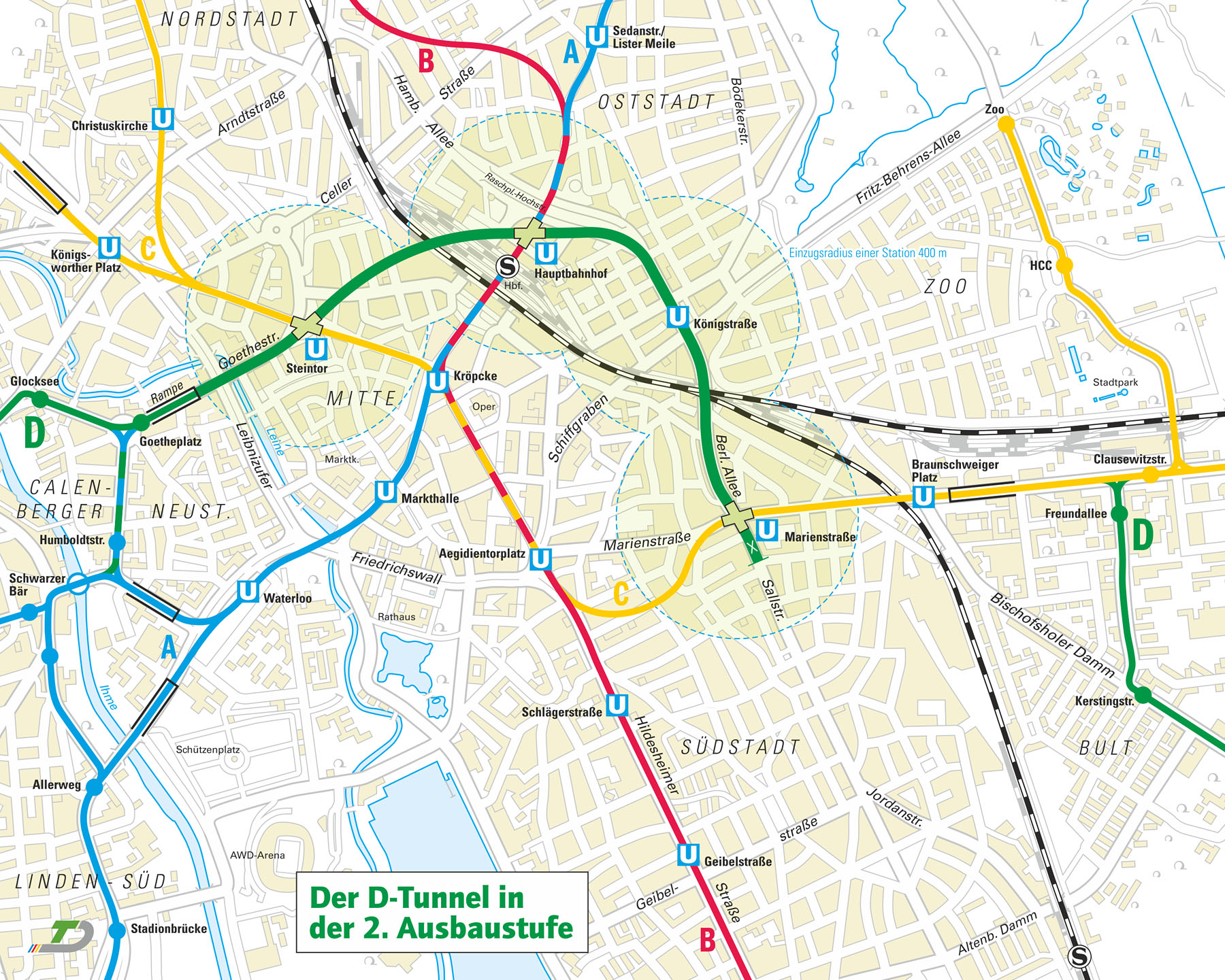 Karte der 2. Ausbau­stufe des D-Tunnels Haupt­bahn­hof–Marien­straße