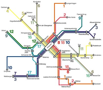 Netzplan Nr. 4: Linie 9 Ahlem – Fasanen­krug und Linie 10 Haupt­bahnhof – Empelde
