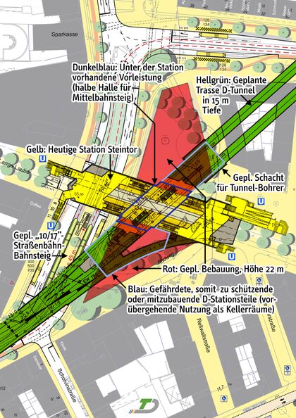 Überlagerung Plan „10/17” (SHP) mit Tunnelplan D-Linie (U-Bahn- Bauamt, 1992).
