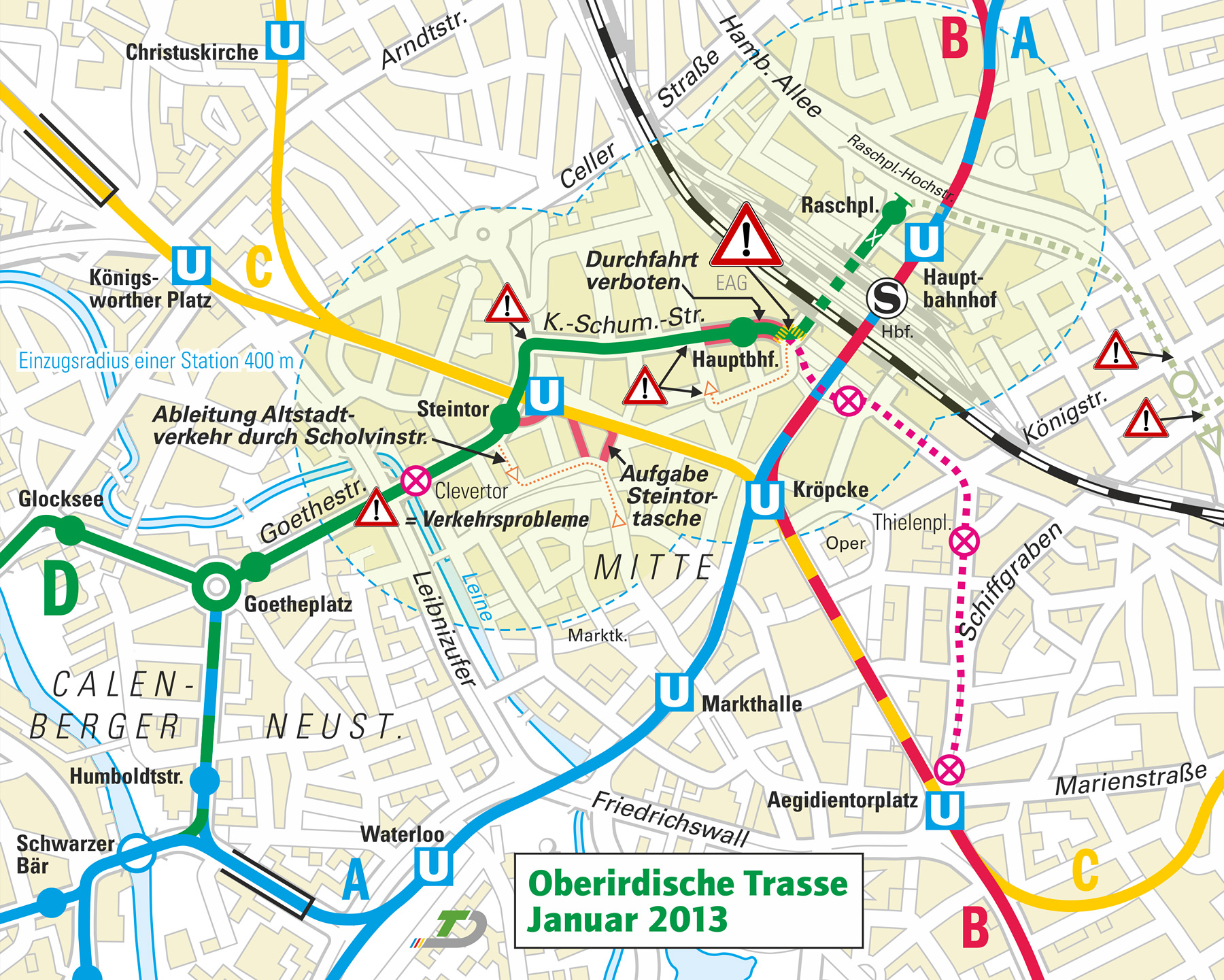 Karte der ober­irdischen Trassen­planung in Richtung Raschplatz